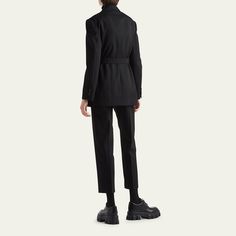 Prada gabardine blazer with belted waist Notch lapels Long sleeves; button cuffs Hip flap pockets Relaxed fit Virgin wool Viscose lining Dry clean Made in Italy Belted Blazer, Bergdorf Goodman, Blazers For Women, Flap Pocket, Prada, Tops Designs, Top Brands, In Italy, Dry Clean