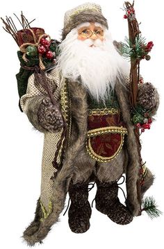 a statue of santa claus holding a stick and christmas decorations on it's back