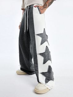 Men's Wide-Leg Long Sweatpants With Side Five-Pointed Star Prints Dark Grey    Knitted Fabric Colorblock,Geometric Wide Leg Slight Stretch  Men Clothing, size features are:Bust: ,Length: ,Sleeve Length: Sweatpants Design, Long Sweatpants, Men Sweatpants, Casual Sweatpants, Five Pointed Star, Cool Outfits For Men, Hooded Sweatshirt Men, Diy Sewing Clothes