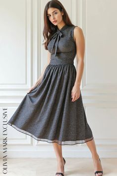 Olivia Mark - Elegant Polka Dot Midi Dress with Tie Neckline and Waist Tie - A Classic Fashion Statement Polka Dot Midi Dress, Bond Girls, Sheer Overlay, Dress With Tie, Daily Dress, Classic Fashion, Flared Skirt, Black Canvas, High Neckline