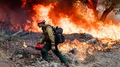 a firefighter walks through the brush as flames consume behind him