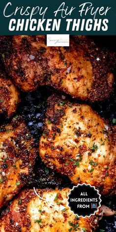 chicken thighs with herbs and spices cooking in a skillet on the stove, text reads crispy air fryer chicken thighs