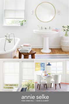 a white bathroom with blue and yellow accessories in the bathtub, toilet, sink, window