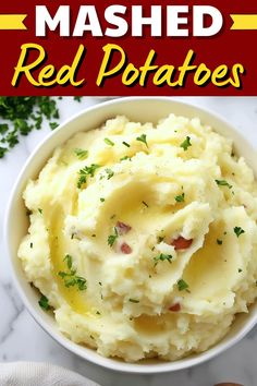 mashed red potatoes in a white bowl with parsley on top and text overlay