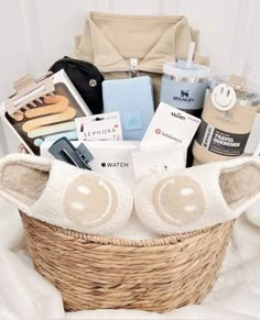 a wicker basket filled with personal care items