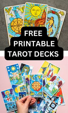 a hand holding tarot cards with the text free printable tarot decks