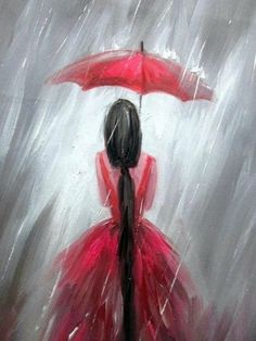 a painting of a woman in a red dress holding an umbrella while standing in the rain