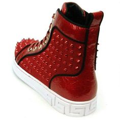 Encore by Fiesso Red Fashion High Top Sneakers with Spikes FI 2364 PU Faux Leather Upper, PU Lining and Rubber Sole Shiny croco print Trim Shiny Laces Spikes in the front and sides of the shoes comfortable padded insole White Bottoms Can be worn with Jeans White Bottoms, Shoes Comfortable, Wedge Sneaker, Red Fashion, High Top, Comfortable Shoes, Top Sneakers, High Top Sneakers, Rubber Sole