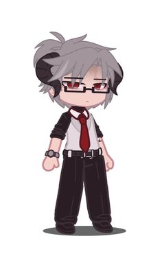 an anime character with glasses and a tie standing in front of a white background,