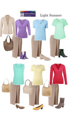 a woman's clothing and purses are arranged in different colors, including pink, blue