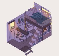 an illustration of a loft bed in the middle of a room