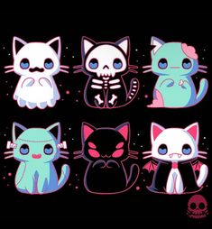 four cartoon cats with skulls and bones on their backs, all wearing different colored clothes