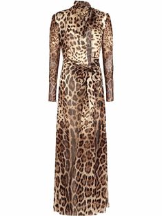 silk-blend leopard-print slit-detail dress from DOLCE & GABBANA featuring leopard print, high neck, long sleeves, slit detailing and self-tie fastening. Vintage Leopard, Georgette Dress, Dolce Gabbana Dress, Silk Maxi Dress, Dolce E Gabbana, Leopard Print Dress, Ladies Dress Design, Dress Details, Silk Satin