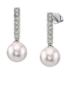 Akoya Pearl Dangling Diamond Earrings- Choose Your Pearl Color Elegant Round Pearl Earrings For Evening, Evening Pearl Drop Diamond Earrings, Evening Akoya Pearl Drop Earrings, Feminine Pearl Drop Earrings For Evening, Elegant Formal Pearl Embellished Earrings, Elegant Pearl White Earrings With High Luster, Elegant Pearl Drop Diamond Earrings, Elegant Diamond Earrings With Pearl Drop, Elegant Formal Diamond Earrings With Pearl Drop