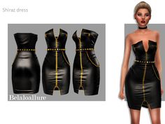 the dress is black with gold trims and has a bustier on one side