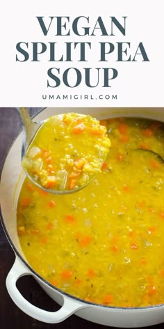 vegan split pea soup with carrots and cauliflower in a white pot