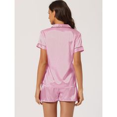 Great for loungewear, nightwear, sleepwear, home bedroom, and daily wear. This 2-piece sleepwear set, including short-sleeved tops and shorts, uses soft breathable pure satin, giving you the great dress experience. No matter the cozy bedtime, casual home relaxation, laze afternoon, or a relaxing bath, the soft and lightweight women's nightdress could accompany you all the time. It's a good choice to be a perfect gift for your mom, wife, daughter, girlfriend, or friends as loungewear or sleepwear Button Down Shirt With Shorts, Satin Button Down Shirt, Shorts Sleepwear, Tops And Shorts, Cute Sleepwear, Night Dress For Women, Short Pj Set, Casual Home, Relaxing Bath