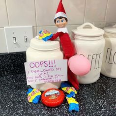 Gum Elf On The Shelf, Elf Swallowed Gum, Elf On The Shelf Ideas Laundry Room, Elf On The Shelf Ideas Food, Elf On The Shelf Sledding Ideas, Elf On The Shelf Pajamas Gift, Elf Shelf Ideas, Elf On Shelf Funny, Birthday Elf