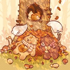 three teddy bears sitting in front of a tree with leaves falling from it and one bear is laying on the ground