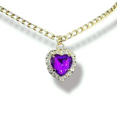 Gold-Tone Chain. Magenta/ Purple Crystal Heart Pendant. 2" Chain Extender. Lobster Clasp. Cb159 #Choker #Rhinestone #Y2k Aesthetic #Sparkly #Necklace Bling Pretty Sparkly Cute Bright Elegant Purple Heart Cut Necklace, Elegant Purple Rhinestone Crystal Necklace, Vintage Purple Choker Necklace, Purple Heart-shaped Necklace For Gift, Cheap Purple Heart-shaped Necklace, Purple Choker, Cross Pendent, Pearl Cluster Necklace, Toshiro Hitsugaya