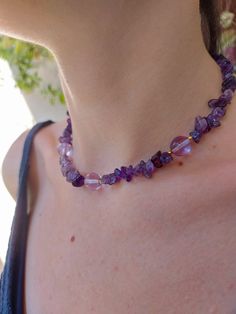 Glass beads and natural Amethyst chip stones are used for this necklace. This beautiful Amethyst handmade necklace, a great gift for yourself and a loved one.. Used material: Amethyst chip stones and gold plated apparatus. Amethyst Beaded Crystal Necklaces For Healing, Lavender Amethyst Beaded Necklaces With Natural Stones, Lavender Amethyst Crystal Necklaces With Round Beads, Lavender Amethyst Necklaces For Jewelry Making, Purple Beaded Necklaces With Natural Stones For Healing, Purple Amethyst Gemstone Beaded Necklaces, Amethyst Crystal Necklaces With Round Beads, Purple Beaded Crystal Necklace With Spiritual Style, Purple Beaded Crystal Necklaces With Spiritual Style