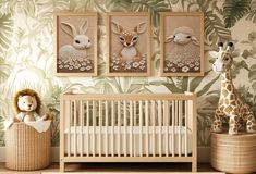 a baby's room with wallpaper and pictures on the walls, including a crib