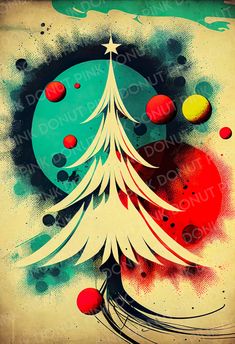 an artistic christmas card with a tree and balls in the middle, on a green background