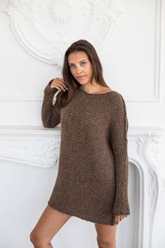 Brown alpaca oversized knit sweater . Sweater Dress Brown, Oversized Sweater Dress, Alpaca Clothing, Brown Knit Sweater, Woman Sweater, Sweater Dress Oversized, Handmade Sweater, Sweater Brown, Loose Knit Sweaters