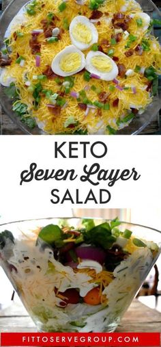 keto, seven layer salad with hard boiled eggs and bacon on top is shown