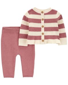 Baby 2-Piece Striped Cardigan & Pant Set - Carter's | Carter's Light Grey Leggings, Carters Size Chart, Pink Ivory, Baby Colors, Pant Sets, Girls Stripes, Carters Baby, Baby Warmer, Clothing Sets