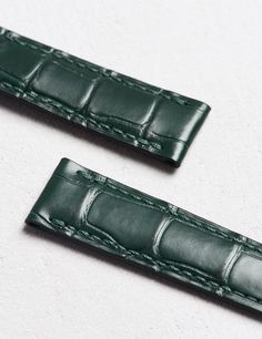 Leather watch strap in Matte green alligator, hand-stitched, bleu alligator lining Green Leather Watch Accessories For Business, Green Leather Business Watch Accessories, Luxury Green Watch With Leather Strap, Business Green Leather Watch Accessories, Luxury Leather Strap Watch Bands For Business, Luxury Leather Watch Bands, Luxury Green Watch Band For Formal Occasion, Luxury Green Watch Bands For Formal Occasions, Luxury Green Watch Accessories With Leather Strap