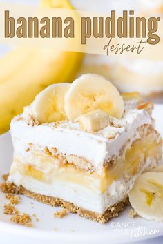 banana pudding dessert on a white plate with the title overlay reads, bananas pudding dessert