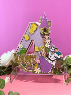 the number 4 is decorated with princesses and flowers in front of a purple background