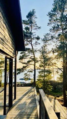 a wooden deck leading to the water with trees on both sides and sun shining in the distance