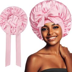 Europe and the United States selling style color cloth streamer round hat bow imitation silk women's Silk Hair Bonnets, Pink And Black Hair, Sleeping Cap, Sleep Hairstyles, Silk Bonnet, Round Hat, Satin Bonnet, Hair Bonnet, Silk Headband