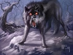 a wolf with its mouth open and glowing red eyes standing in the middle of a snowy forest