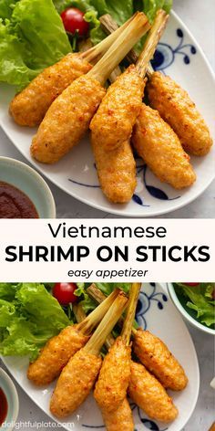 vietnamese shrimp sticks on a plate with lettuce, tomatoes and ketchup