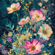 a painting of pink and yellow flowers on a dark blue background with gold foiling