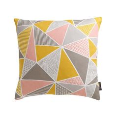 a yellow and grey pillow with an abstract design on the front, in shades of pink,