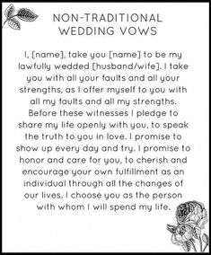 a poem written in black and white with flowers on the bottom right hand corner that reads,'non - traditional wedding vows '