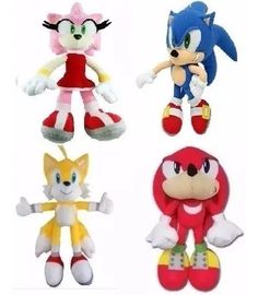 sonic the hedgehog plush toys are shown in four different colors and sizes, including red, yellow, white, and blue