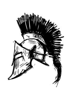 an ink drawing of a helmet with spikes on the side and a mohawk in the middle