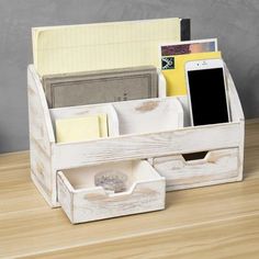 Whitewashed Wood Desktop Organizer with 2 Drawers - MyGift Online College Classes, Desktop File Organizer, Shabby Chic Office, Essential Office Supplies, Farmhouse Inspired Decor, Desk Caddy, Wood Office Desk, Whitewashed Wood, Desk Organiser