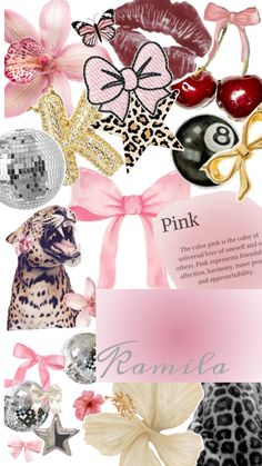 a bunch of different items that are in the shape of an animal and some pink ribbon