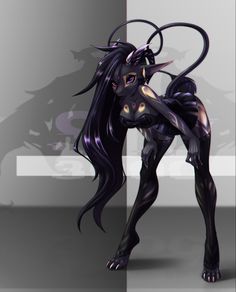 an animated image of a woman with long black hair and demon like body, standing in front of a wall