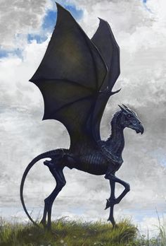 a statue of a black dragon is shown on a white wall with clouds in the background