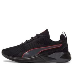 PUMA Disperse Xt Low Top Running Shoes Black/Grey/Red 193728-12 (SNKR) Black Puma Training Sneakers, Black Puma Running Shoes For Sports, Black Running Shoes With Red Sole For Light Sports, Gray Sneakers With Red Sole For Sports, Black Puma Running Shoes, Gray Puma Sneakers For Sports, Black Puma Sneakers For Sports, Functional Black Running Shoes With Puma Logo, Black Running Shoes With Red Sole, Synthetic Material