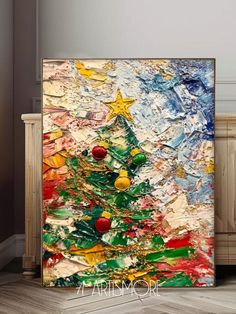 an abstract christmas tree painting on the wall