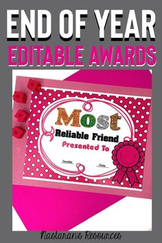 a pink and white award plaque with the words most reliable friend written on it, surrounded by red dices