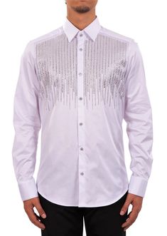 Limited edition- One of a kind Eye-catching studded rhinestone detailed shirt. A modern shirt with an unexpected edge. This white cotton shirt from Mondo is embellished with silver rhinestone. Looking sharp. Your style status can’t be messed with, and this shirt from Mondo makes that clear. Adorned with silver-tone rhinestones, this piece will toughen up any casual look. Eye-catching rhinestone details French placket Point collar Custom buttons Sleeves with Cufflinks Long sleeves with mitered Ba Designer Party Shirt For Spring, Designer Spring Party Shirt, Designer Shirt For Spring Party, Designer Shirt For Party In Spring, Spring Embellished Fitted Shirt, Designer Embellished Fitted Shirt, Designer Embellished Cotton Shirt, Fitted Long Sleeve Rhinestone Shirt, Fitted Long Sleeve Shirt With Rhinestones